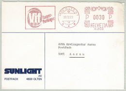 Schweiz / Helvetia 1973, Brief Freistempel / EMA / Meterstamp Sunlight Olten - Aarau, Reinigungsmittel, Haushalt - Usines & Industries