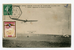 !!! CPA DU MEETING DE REIMS BETHENY DE 1910, CACHET HEXAGONAL SPECIAL ET VIGNETTE - Aviation