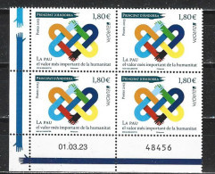 ANDORRA. EUROPA 2023  "LA PAIX".  BLOC DE 4 NEUFS **  COIN DATÉ - Unused Stamps