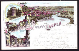 1901 Gelaufene Litho AK: Gruss Aus Laupen, 4 Bildrig. Mit Gasthaus Z. Bären. - Laupen