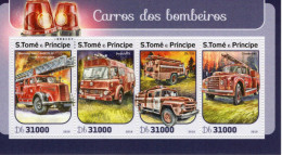 Vehicules De Pompiers - Carros De Bombeiros - Fire Trucks - Camions -  S.Tomé E Principe 2015 - 4v  Sheet Mint/Neuf/MNH - Vrachtwagens