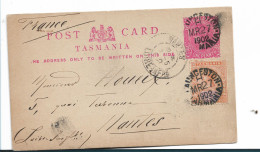 TAS032 / AUSTRALIEN - TASMANIEN - Ganzsache Aufgewertet Zum Versand Nach Frankreich Ex Laucheston 1902 - Brieven En Documenten