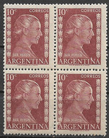 Argentina 1952. Scott #601 Block (MNH) Eva Peron - Ongebruikt