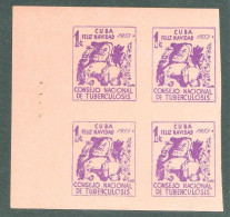 1951 Cuba MNH Block Of 4 - Consejo Tuberculosis Medicine Medicina Christmas Noel Santa Claus Label Vignette Cinderella - Liefdadigheid