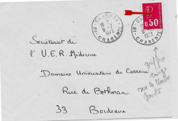 Variété Sur Lettre N° Yvert 1664n 0,50 Béquet Rouge Griffe Rouge Oblitération Manuel 16-Charras 9-7 1973 - Storia Postale