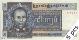 DWN - BURMA P.57 - 5 Kyats ND (1973) UNC Various Prefixes DEALERS LOT X 5 - Myanmar