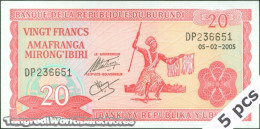DWN - BURUNDI P.27d5 - 20 Francs 2005 UNC Various Prefixes DEALERS LOT X 5 - Burundi