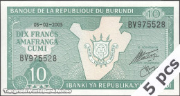 DWN - BURUNDI P.33e1 - 10 Francs 2005 UNC Various Prefixes DEALERS LOT X 5 - Burundi
