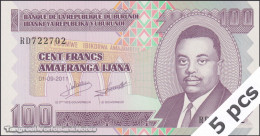 DWN - BURUNDI P.44b - 100 Francs 2011 UNC Various Prefixes DEALERS LOT X 5 - Burundi