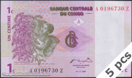 DWN - CONGO DEMOCRATIC REPUBLIC P.80a - 1 Centime 1997 UNC Replacement A XXXXXXX Z  - Various Prefixes DEALERS LOT X 5 - Repubblica Democratica Del Congo & Zaire