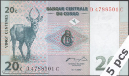 DWN - CONGO DEMOCRATIC REPUBLIC P.83a - 20 Centimes 1997 UNC - Various Prefixes DEALERS LOT X 5 - República Democrática Del Congo & Zaire