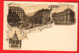 ZWM-37 Litho Multivues Souvenir De Genève, Trois Vues. Non Circulé.  Dos Simple. - Genève