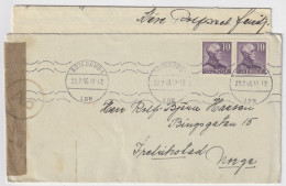 SWEDEN To NORWAY - 1945 - German Censor Tape On Cover From Göteborg To Fredrikstad - Franked Pair Facit 273A (type I) - Storia Postale