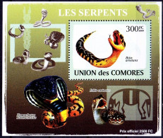 Bitis Arietans, Poisonous Viper, Snakes, Reptiles, Comoros 2009 MNH MS - Serpents