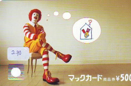 Carte Prépayée Japon * McDonald's JAPON (270) MacDonald's * McDonald's   JAPAN *  PHONECARD * TELEFONKARTE * - Publicidad