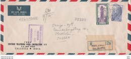 Victory Tower And Konark Temple, Scott No 218, Used On Registered Cover From India To Sweden, 1953 - Storia Postale