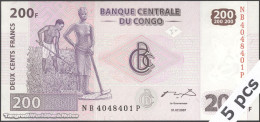 DWN - CONGO DEMOCRATIC REPUBLIC P.99a - 200 Francs 2007 UNC - Various Prefixes DEALERS LOT X 5 - République Démocratique Du Congo & Zaïre
