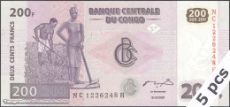 DWN - CONGO DEMOCRATIC REPUBLIC P.99A - 200 Francs 2007 UNC - Various Prefixes DEALERS LOT X 5 - República Democrática Del Congo & Zaire