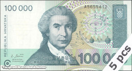 DWN - CROATIA P.27a - 100000 100.000 Hrvatskih Dinara 1993 UNC - Various Prefixes DEALERS LOT X 5 - Croatie