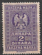 SERBIE SERBIJA SERBIA Jugoslavija, TAKSENA MARKA Steuermarke Fiscal, Revenue Stamp, 2 Dinara, Violet , Neuf * MH - Erinnofilia