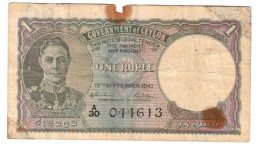 Ceylon 1 Rupee 1942 VG King George - Sri Lanka