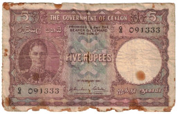 Ceylon 5 Rupees 1941 G King George (Perforated Edge) - Sri Lanka