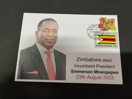 27-8-2023 (3 S 23) Zimbabwe Elect Incombent President Emmerson Mnangagwa (23-8-2023) With Zimbabwe UN Flag Stamp - Zimbabwe (1980-...)