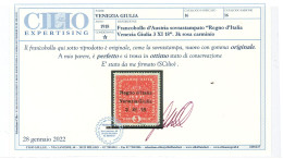 1918 Venezia Giulia 3 KR. MLH Certificato Cilio - Venezia Giulia