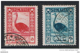 SOMALIA  AFIS  VARIETA':  1950  ORDINARIA  STRUZZO  -  2  VAL. US. -  FIL. LETTERE  8/10  DX.  - C.E.I. 2 + 6 - Somalië (AFIS)