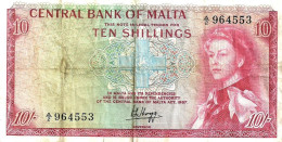 MALTA BRITISH 10 SHILLINGS RED WOMAN QEII HEAD FRONT SHIP BACK DATED 1967(ISSUED 1968) P28 VF READ DESCRIPTION !! - Malta