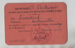 Entreprise Compagnie Electrique Manufacture Nationale D'Armes Simiand Contremaître Saint Etienne 1948 - Tessere Associative