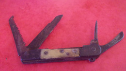 ANCIEN COUTEAU BEL ETAT SANS MARQUE APPARENTE CORNE FORGE TRAVAIL COUTELIER THIERS ? 4 FONCTIONS - Blankwaffen