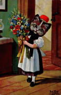 Thiele, Arthur Geburtstag Katze Vermenschlicht Tracht Blumen 1909 I-II (Randabschürfungen, Ecken Abgestossen) Chat - Thiele, Arthur