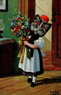 Thiele, Arthur Katzen Vermenschlicht Mädchen Blumen Tracht 1910 I-II (Randmangel, Stauchungen) Chat - Thiele, Arthur