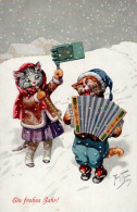 Thiele, Arthur Neujahr Katzen Vermenschlicht Musizierend Akkordeon Ratsche Flöte Winter Schnee I-II (RS Fleckig, Ecken A - Thiele, Arthur