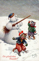 Thiele, Arthur Neujahr Katzen Vermenschlicht Schneemann Winter I-II (Ecken Abgestossen) Bonne Annee Chat - Thiele, Arthur