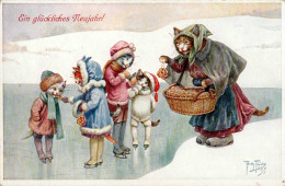 Thiele, Arthur Neujahr Katzen Vermenschlicht Winter Schlittschuh Brezeln I-II (Ecken Abgestossen) Bonne Annee Chat - Thiele, Arthur