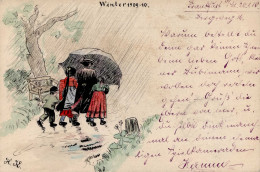 Handgemalt Familie Im Regen Winter 1909/10 I-II Peint à La Main - Unclassified