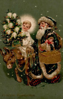 Weihnachtsmann Tannenbaum Engel Esel Puppe Föhliche Weihnachten Prägedruck II (Reißnagelloch) Pere Noel Noel Ange - Altri & Non Classificati