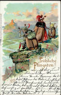 Pfingsten Maikäfer Vermenschlicht Wandern Fröhliche Pfingsten Prägedruck 1900 I- Hanneton - Pinksteren