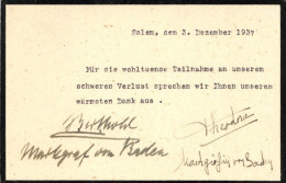 Adel Baden Trauer-Danksagungskarte 1937 Mit Original-Unterschriften Markgraf Berthold Und Markgräfin Theodora - Geschichte