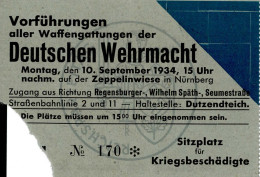 Reichsparteitag WK II Nürnberg (8500) Eintrittskarte  Vorführungen Aller Waffengattungen Der Deutschen Wehrmacht 10.Sep. - Weltkrieg 1939-45
