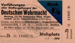 Reichsparteitag WK II Nürnberg (8500) Eintrittskarte Vorführungen Aller Waffengattungen Der Deutschen Wehrmacht 10.Sep.  - Weltkrieg 1939-45