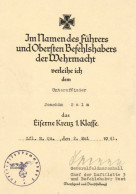 Verleihungsurkunde Eiserne Kreuz 1. Klasse An Unteroffizier Joachim Salm 1941 I-II - Oorlog 1939-45