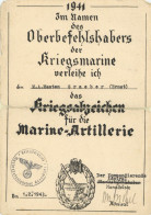 Verleihungsurkunde Kriegsabzeichen Für Die Marine-Artillerie Für Einen Marine-Artl.-Maat Ausgestellt 1.2.1943 Mit Unters - War 1939-45