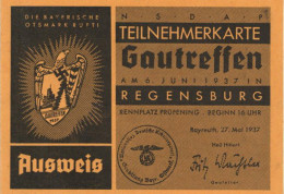 WK II Dokumente Regensburg Teilnehmerkarte Gautreffen 6.Juni 1937 6 Seiten I-II - War 1939-45