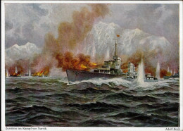 Kriegsmarine Zerstörer Im Kampf Vor Narvik Sign. Bock I-II - Guerre 1939-45