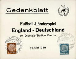Fussball Gedenkbaltt Länderspiel England - Deutschland 14. Mai 1938 Berlin (1000) I-II (keine AK-Eintelung) - Calcio