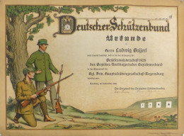 Schützen Urkunde Vom Deutschen Schützenbund An Bayerl, Ludwig Regensburg Als Teil Der Mannschaft Der Kgl. Priv. Hauptsch - Tiro (armi)