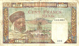 ALGERIA FRANCAISE 100 FRANCS MAN HEAD FRONT ANIMAL BACK DATED 02-11-1942 P?  F READ DESCRIPTION - Algerije